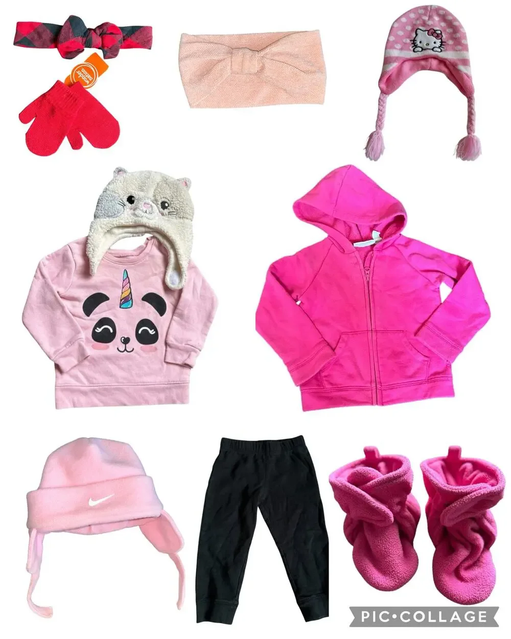 Nike Hello Kitty Girls 2T Bundle- Pink Fleece Hoodie Panda Sweatshirt Boots Hats